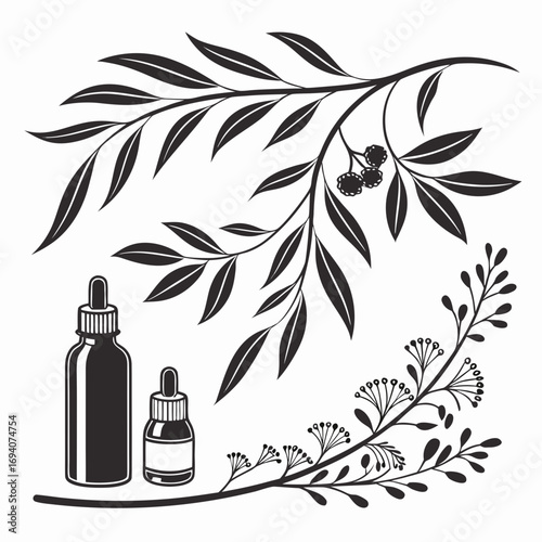 Black botanical elements and dropper bottles leaves