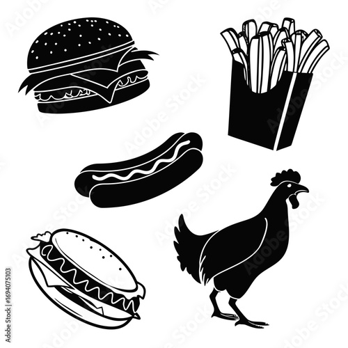 Black fast food icons burger hotdog fries chicken hamburger
