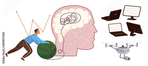 Man rolling ball of thread toward head symbolizing thought clarity, unraveling complex ideas. Nearby devices thumbs up laptops, Quadcopters, screens highlight technologys role. Ideal for creativity