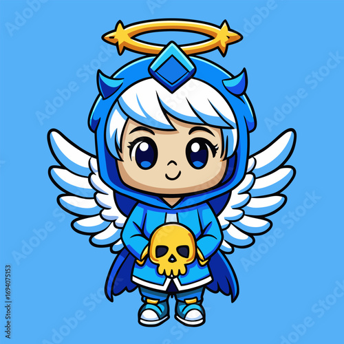 Cartoon blue angel skeleton with skull head glows in eerie style