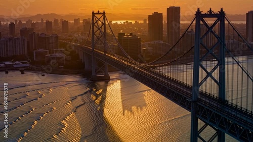 Ai generative Stunning golden hour over cityscape bridge and ocean with vibrant, dynamic light rays