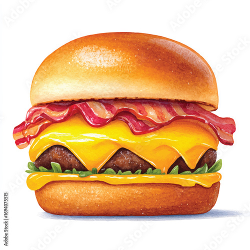 Watercolor Style Burger with Crispy Bacon and Melted Cheese Illustration
