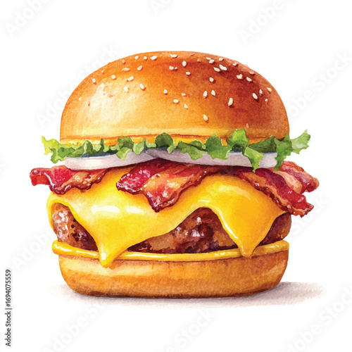 Watercolor Style Burger with Dripping Cheese Crispy Bacon and Fresh Lettuce