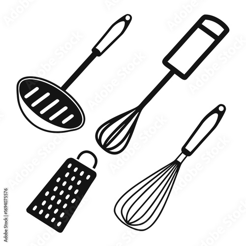 Black kitchen utensil silhouettes whisk grater