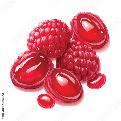 Watercolor Style Raspberries and Candies with Glossy Highlights and Textured Surface