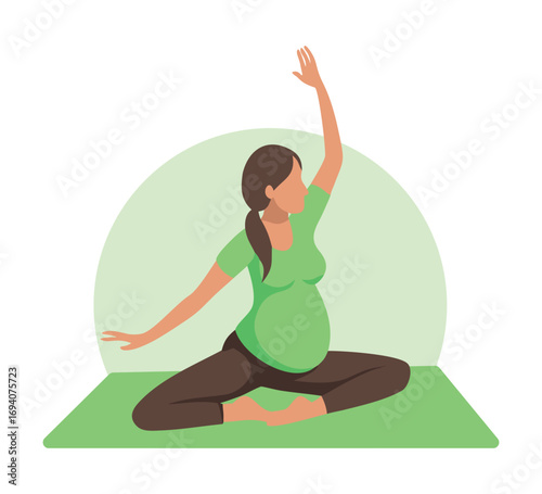 Pregnant woman doing yoga meditation green color. Calmness, peaceful, harmony pregnancy gentle prenatal stretches on mat, isolated on white.	
