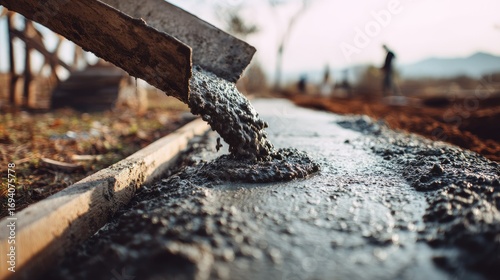 Fresh concrete being poured onto a surface.