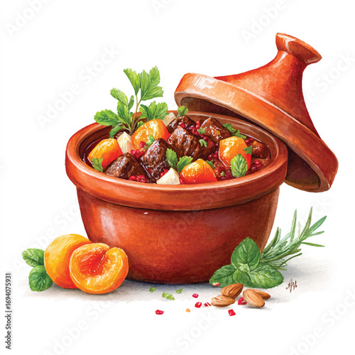 Watercolor Tagine with Apricots Beef Pomegranate Seeds and Fresh Herbs