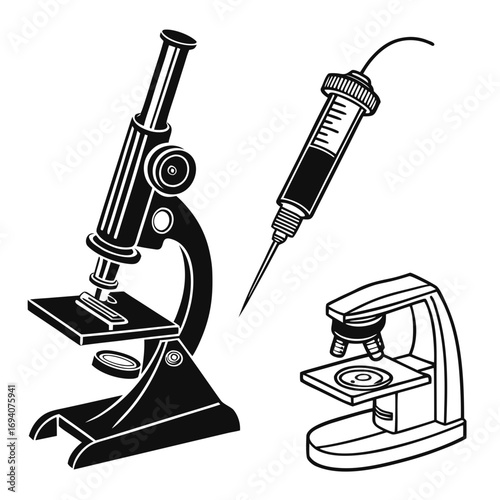 Black scientific instruments and medical syringe microscope