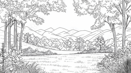 Wallpaper Mural Serene landscape featuring mountains, trees, and grassy field, perfect for coloring and relaxation Torontodigital.ca