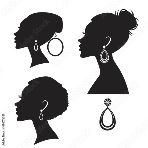 Black silhouettes women profiles diverse earrings woman