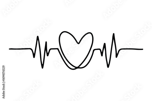 Heartbeat line with heart symbol, cardiology, medical pulse, ECG, EKG design, healthcare clipart vector illustration, health monitoring, digital heartbeat graphics