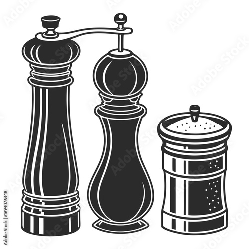 Black spice grinder and shaker silhouettes salt shaker