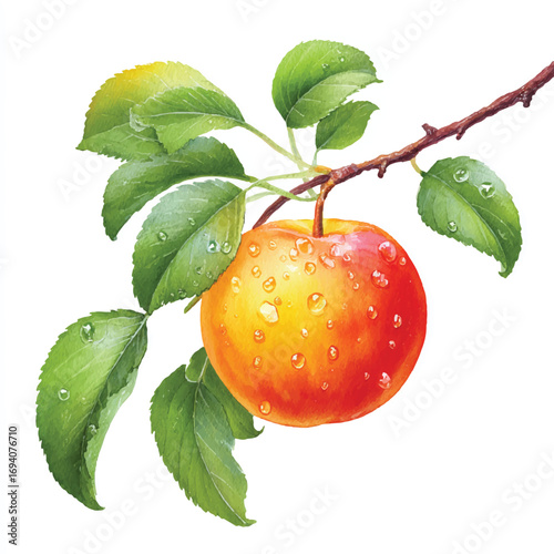 Watercolorstyle apple with dew drops on a branch with green leaves