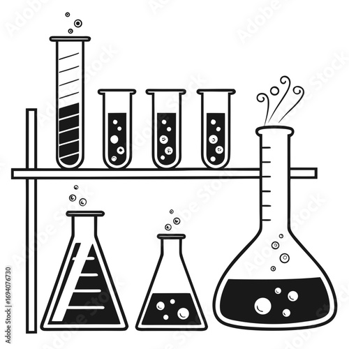 Bubbling flasks and beakers on rack chemistry laboratory