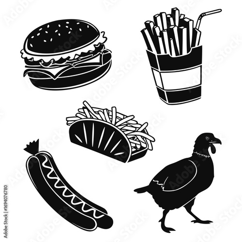 Burger fries taco hotdog bird french fries hot dog