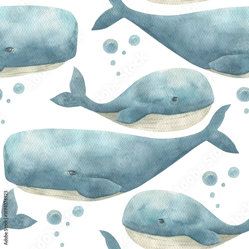 Watercolor seamless pattern with whales. Hand drawn illustration on white background
