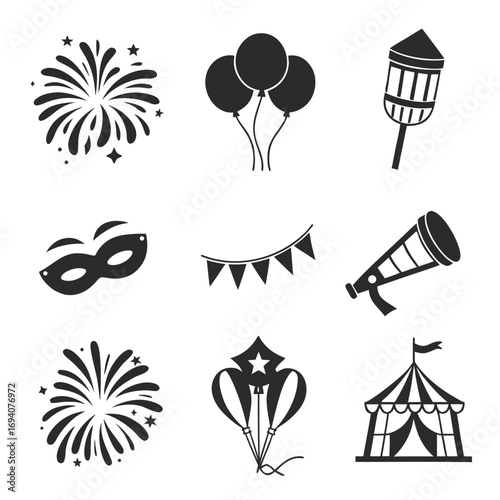 Celebration icons fireworks balloons mask bunting megaphone