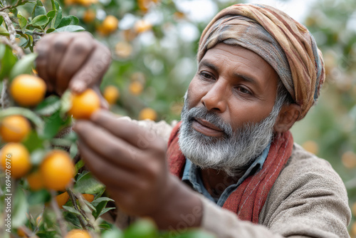 happy indian farmer working at green agricultural field
