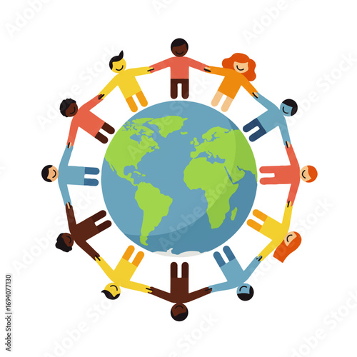 A group of diverse people holding hands in a circle around the Earth, symbolizing unity and global community.