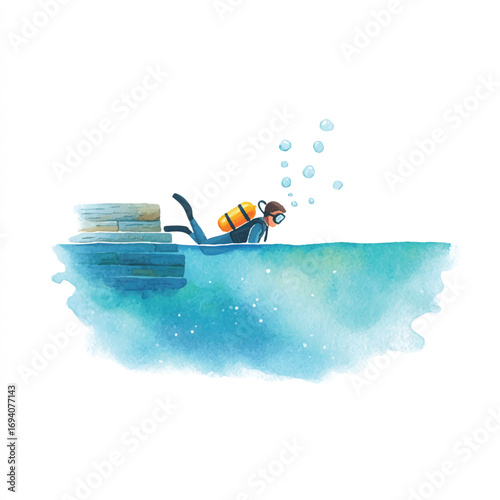 Watercolor Scuba Diver with Orange Tank Exploring Underwater Ruins