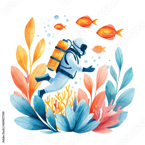 Watercolor Scuba Diver with Orange Tank and Goldfish in Underwater Scene