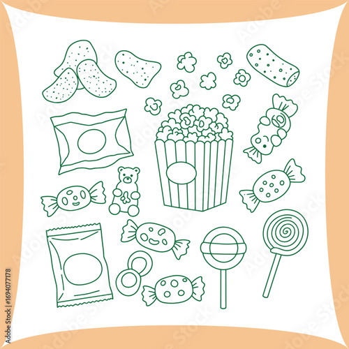 Assorted Snacks and Treats Line Art Illustration.