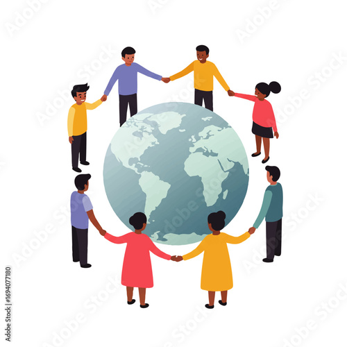 Illustration of diverse people holding hands in a circle around a globe, symbolizing unity and global connection.