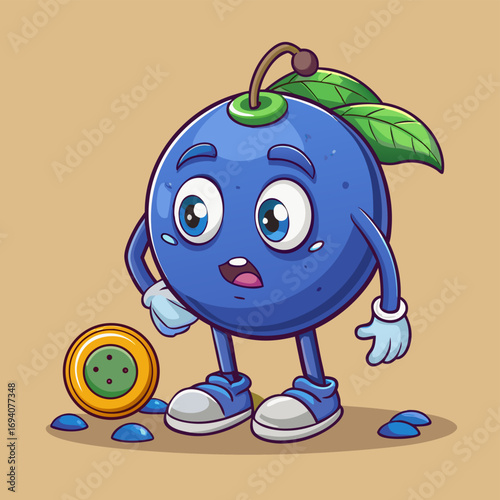 Blueberry character looks confused while laughing at something silly