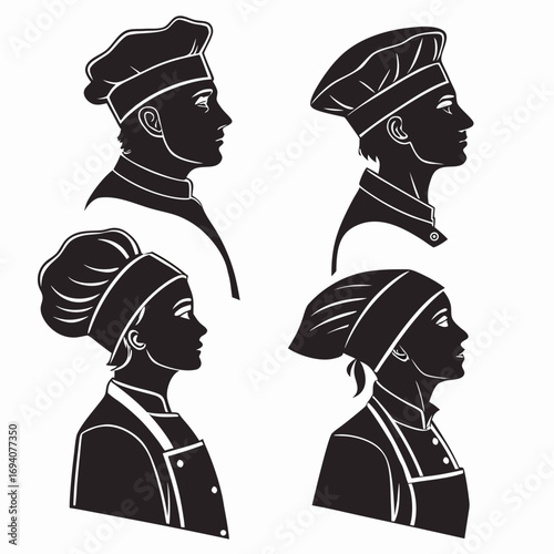 Chefs wearing hats and aprons silhouette culinary