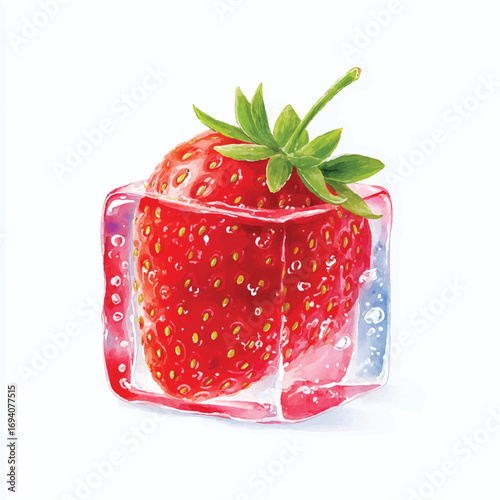 Watercolor Strawberry Frozen in a Clear Ice Cube with Bubbles and Green Leaves