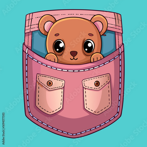 baby bear sits happily inside pocket of pink jeans