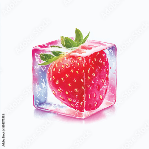 Watercolor strawberry frozen inside a translucent ice cube with visible seeds and green leaves