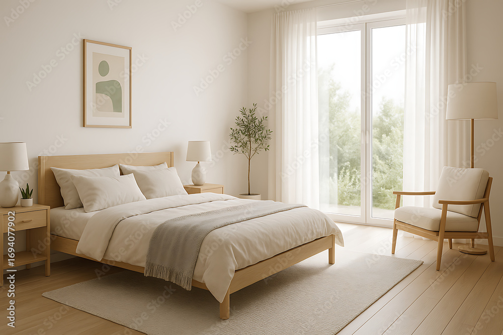 Fototapeta premium Bright and serene bedroom interior with natural light from a large window, featuring wooden furniture in a modern minimalist Japandi style