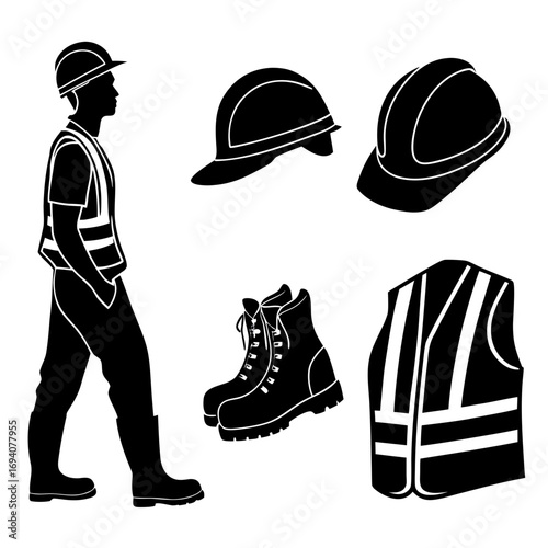 Construction worker safety gear and equipment silhouette