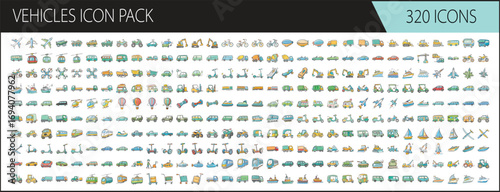 Vehicles icon pack with 320 colorful hand drawn illustrations - Extensive set of 320 hand drawn vehicle icons including cars, buses, trucks, airplanes, boats, and bicycles, perfect for travel