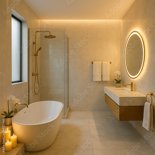 A serene and luxurious bathroom interior featuring a modern freestanding bathtub, gold fixtures, and soft, warm ambient lighting for a spa experience
