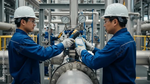 Maintenance crew conducts ultrasonic inspection on reactor piping with handheld devices in safety gear.