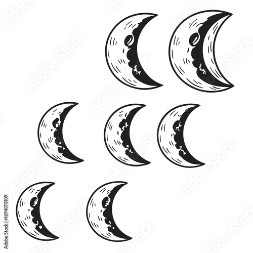 Crescent moons in black and white moon phases celestial bodies