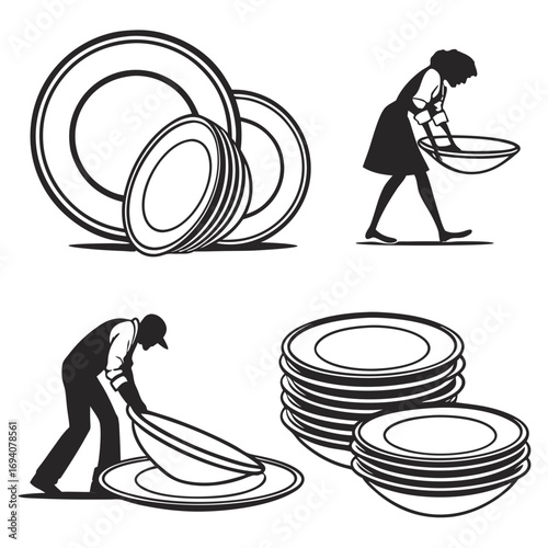 Dining ware and people washing dishes plates bowls