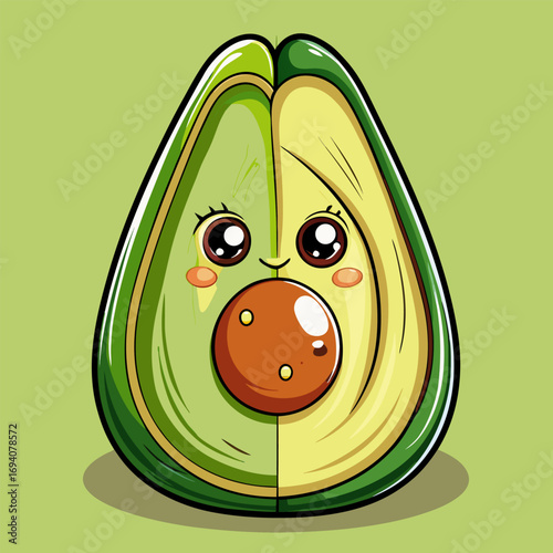 Cartoon avocado half smiles brightly while holding a cut avocado