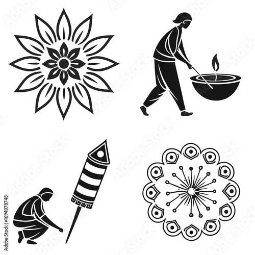Diwali celebration icons person lighting diya firework mandala