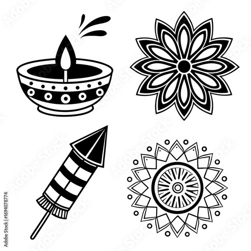 Diwali diya firecracker floral ornaments vector