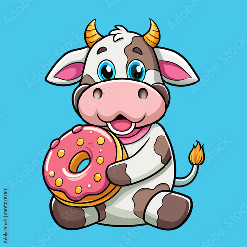Adorable cow enjoys eating a pink donut with happy smile