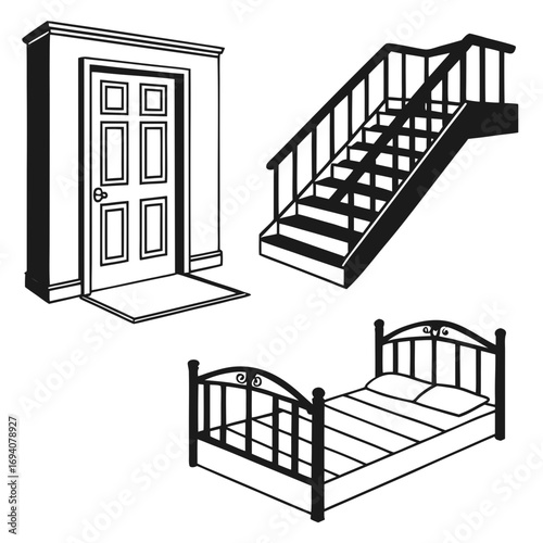 Door stairs bed silhouettes interior