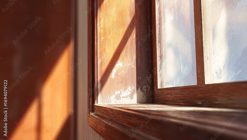 Fototapeta premium Sunlit window frame with peeling paint