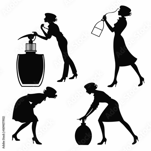 Elegant women with perfume bottles silhouette fragrance