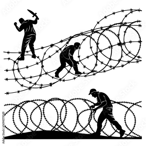 Figures crossing barbed wire barriers silhouette obstacle