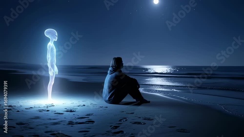 Woman facing a glowing alien on a dark beach at night under a full moon, symbolizing an extraterrestrial encounter and mystery footage.