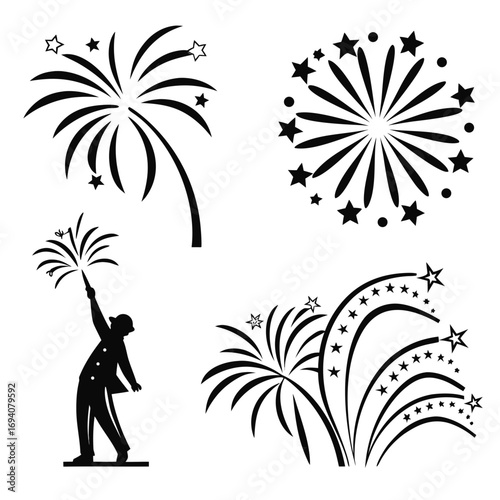 Fireworks bursts and person silhouette stars celebration